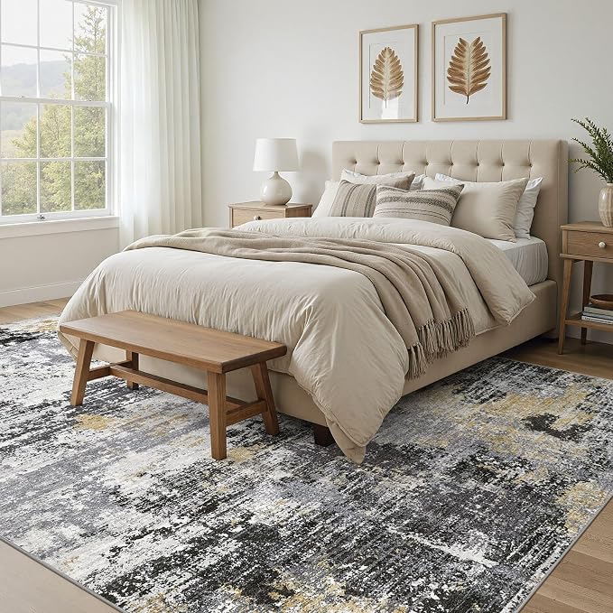 UERMEI 5x7 Area Rug for Living Room - Washable Neutral Modern Abstract Carpet, Non-Slip Soft Large Indoor Floor Rugs for Bedroom Home Office & Under Dining Table Decor, Black/White/Gold