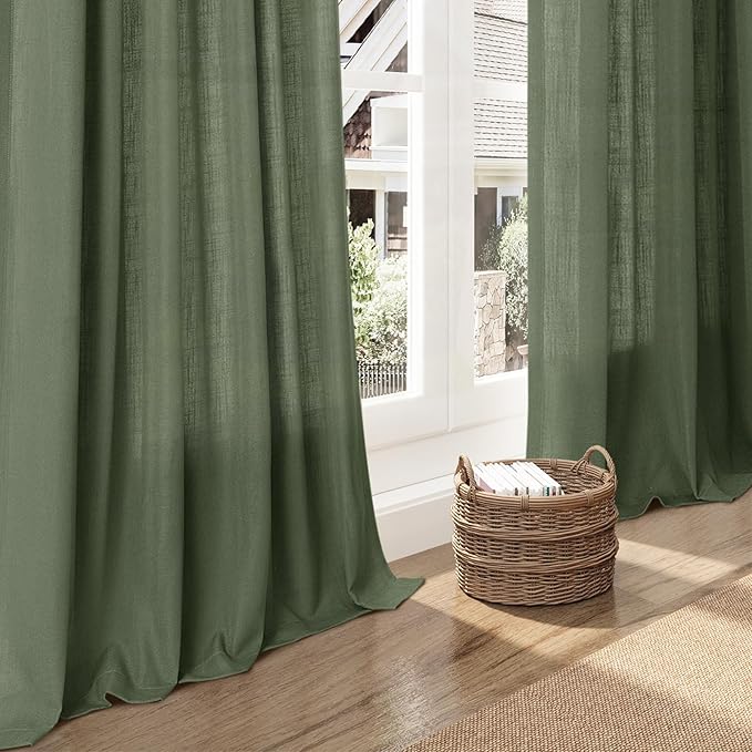 Nanspring Forest Green Linen Curtains 108 Inches Long for Living Room Light Filtering Semi Sheer Curtain Back Tab Wabi Sabi Boho Decor Floor to Ceiling High Window for Bedroom Office 52x108, 2 Panels