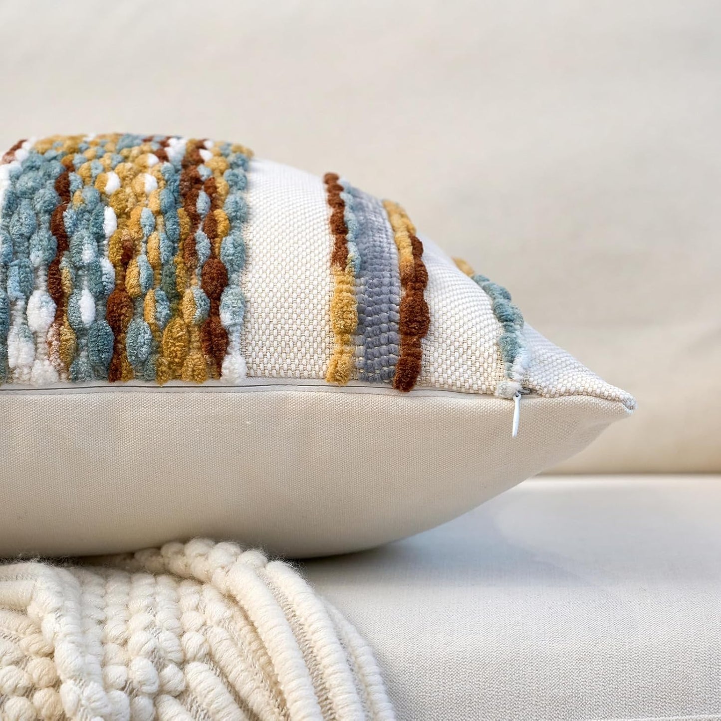 Aeckself Boho Pillow Covers 18x18 Inch Set of 2, Farmhouse Decorative Striped Square Chenille Tufted Accent Neutral Throw Pillow Covers for Living Room Couch Bed, Orange White