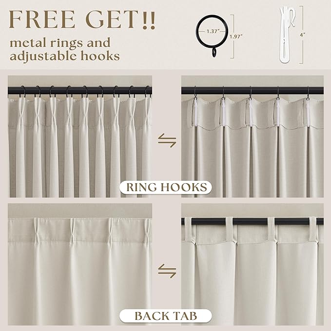 Natural Pinch Pleated Semi Sheer Curtains 120 Inches Long 2 Panels Set for Living Room Bedroom, Memory Shape Pinch Pleat Thick Flax Linen Textured Light Filtering Privacy Extra Long Window Curtains
