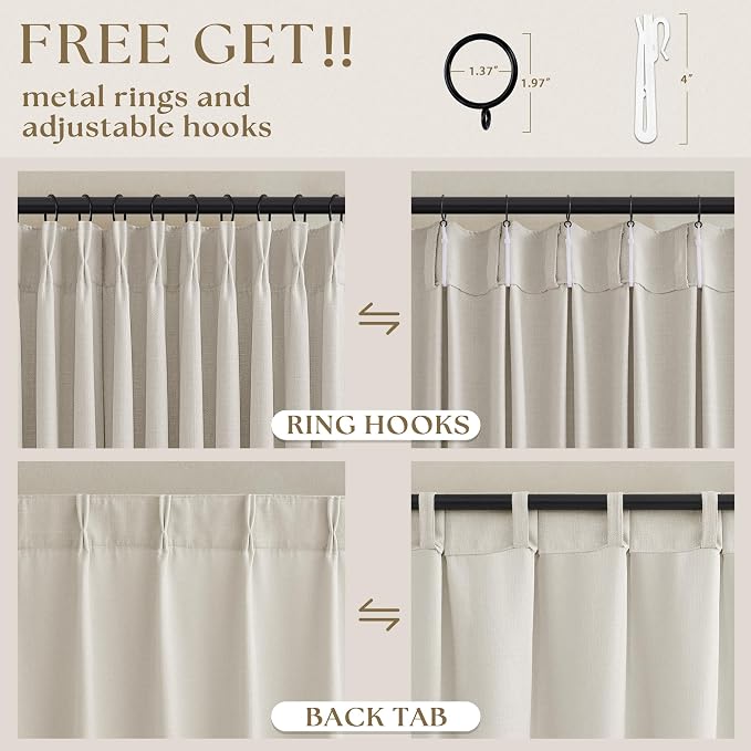 Cream Pleated Linen Curtains 86 Inch Length for Living Room Pinch Pleat Back Tab Farmhouse Textured Neutral Natural Light Filtering Semi Sheer Curtain Drapes for Dining Room Office 86 Long 2 Panels