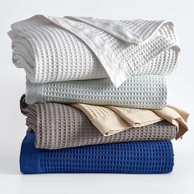 100% Cotton White Blanket Full/Queen Size for Bed - Breathable and Soft, Waffle Weave for Summer Spring, 90x90 Inches