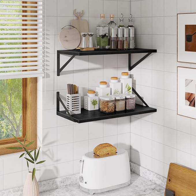Acovy Deep Floating Shelves,24" Wx10 D Floating Shelf for Wall Set of 2,Hanging Storage Shelf with Metal Brackets,Wide Display Wall Shelves for Living Room,Bedroom,Bathroom,Kitchen,Black