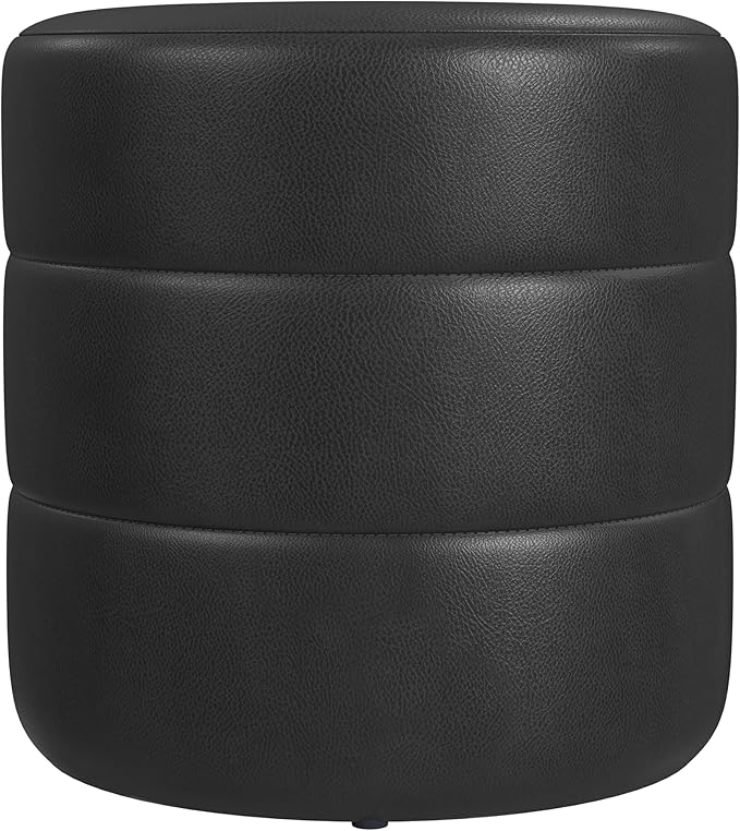 HomePop Upholstered Faux Leather Round Ottoman (No Lid, Seat Only) | HomePop Home Décor | Round Pouf Foot Rest – Black Faux Leather
