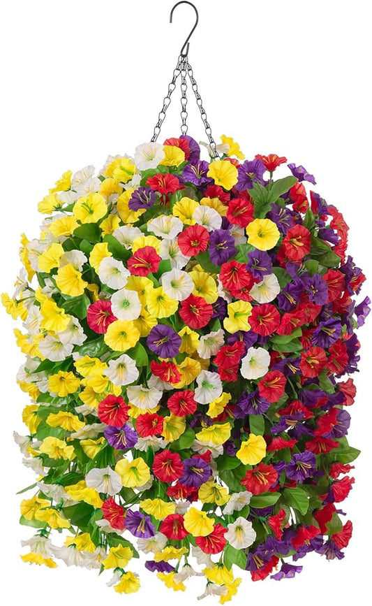 Ammyoo Artificial Fake Hanging Flowers Basket for Spring Decor, Faux Silk Flower in Planter for Summer, Outdoor Artificial Floral for Home Porch Yard(Yellow White Purple Red)