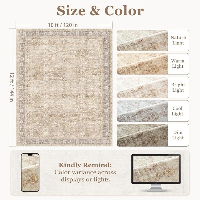 Beige Big Rug 10x12, Vintage Neutral Carpet Large Size 10x12 for Living Room Bedroom, Washable Non Slip Low Pile Thin Room Rug for Dining Room Family Room, Farmhouse Beige Taupe