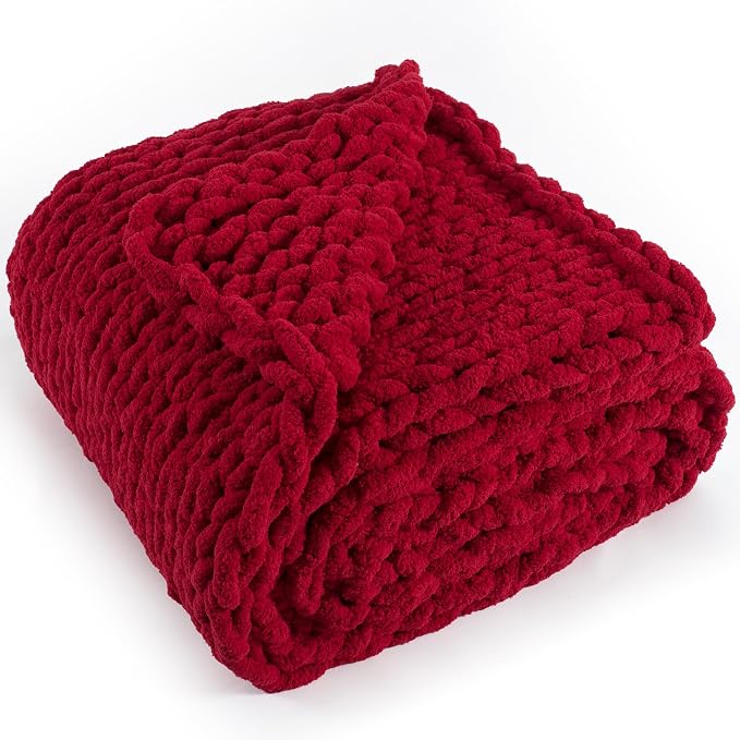 Chunky Knit Throw Blanket 50x60, 100% Handmade Chenille Yarn | 4.4lbs Soft Thick Cable Knitted Blankets, Large Rope Knot Crochet Throws for Couch Sofa Bed Christmas Fall Decor, Red