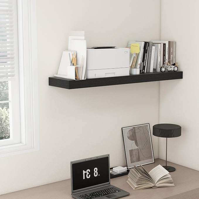 FLYJOE 48'' x 12'' x 2'' Black Floating Shelf Set of 1, 48 Inches Long Black Wood Shelves for Wall, 12 Inch Deep Rustic Shelves, Engineered Wood, Hardware Included, 50 Lbs Load Bearing Capacity
