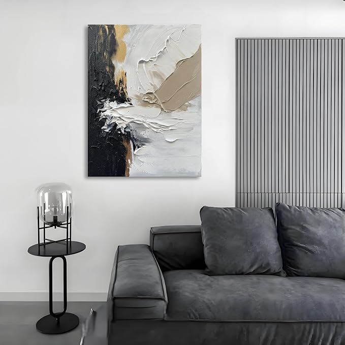 40x28 inch Hand-Painted White and Black Texture Abstract Art Modern Minimalist Home Office Wall Decoration Painting