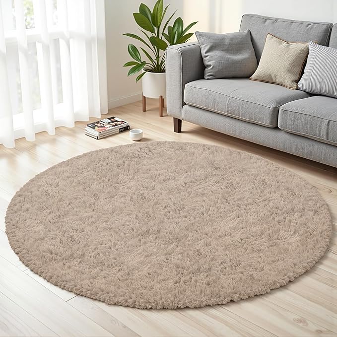Beige Round Fluffy Rug 5ft,Soft Bedroom Circle Rugs Mats for Kids Girls Nursery Room,Washable Plush Shaggy Indoor Non Slip Rug for Bedside Living Room Bedroom Circular Carpet,Home Decor Aesthetic