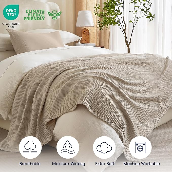 PHF 100% Cotton Muslin Blanket Queen Size 90"x90", 4-Layer Lightweight Gauze Throw, Breathable Cloud-Soft Minimalist Blanket for Bed, Couch, Camping & Baby, Taupe, Ideal Gift