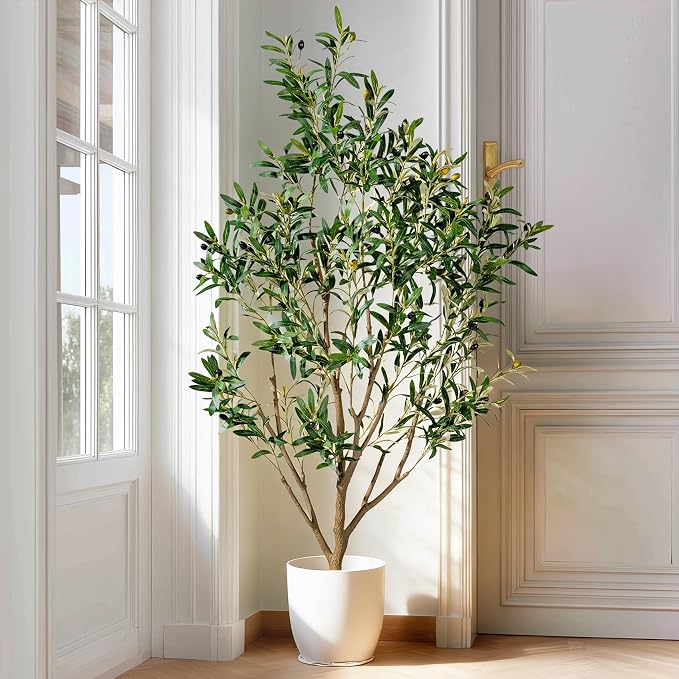 5FT Artificial Olive Tree with Realistic Leaves & Natural Trunk, Faux Silk Olive Plant in White Planter, Tall Fake Tree for Modern Home Office Living Room Entryway Corner Decor, Maintenance Free