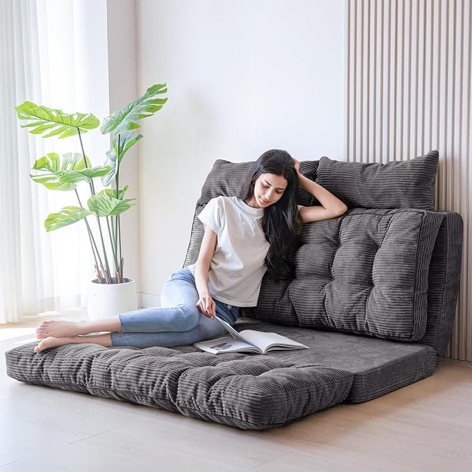 MAXYOYO Folding Sofa Bed, Tufted Bean Bag Bed with Pillows Floor Couch for Adults, Extra Thick and Long Floor Sofa, Full Couch for Bedroom Living Room, Dark Grey, 54x91 Inch