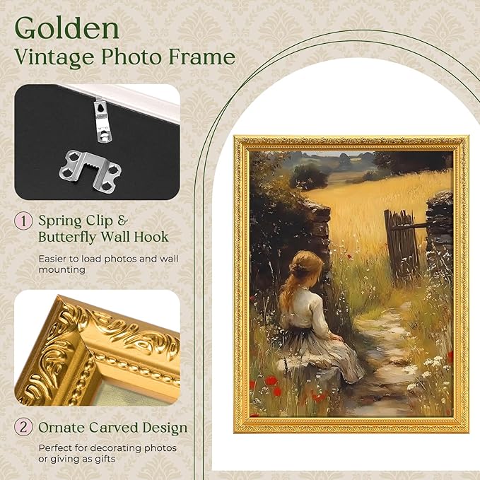 TWING 11x14 Picture Frame,Display 8x10 Photo with Mat or 11x14 without Mat,Ornate Vintage 11 x 14 Photo Frames for Wall Mounting,Gold,1 Pack