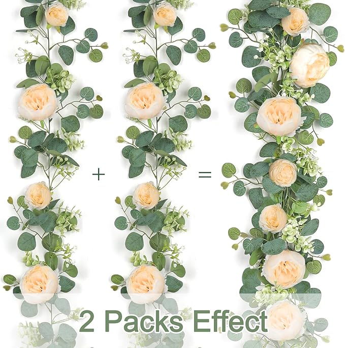 SOMYTING Artificial Flower Garlands Eucalyptus Garlands with Flowers Rose Peony Flower Vine Faux Floral Garland for Wedding Party Arch Table Wall Backdrop Decoration (Champagne, 4PCS)