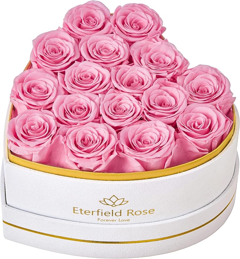 Eterfield 16 Forever Flowers in Heart Shape Box, Preserved Roses That Last a Year Preserved Flowers Birthday Gifts for Her Mom Women Wife Anniversary Valentines Day Mothers Day Christmas, Pink