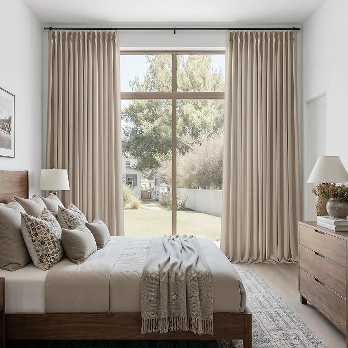 Burlywood Birch Neutral Pinch Pleated Curtains 92 Inches Long for Bedroom Living Room Light Filtering Pinch Pleat Drape with Back Tab Farmhouse Tan Linen 92 Inch Semi Sheer Curtain for Dining Room