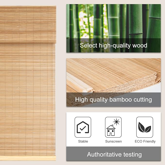 LazBlinds Cordless Bamboo Roman Shades for Windows, 39'' W x 60'' H | Natural Light Filtering Bamboo Window Blinds, Bamboo Blinds for Bedroom Living Room Office Indoor