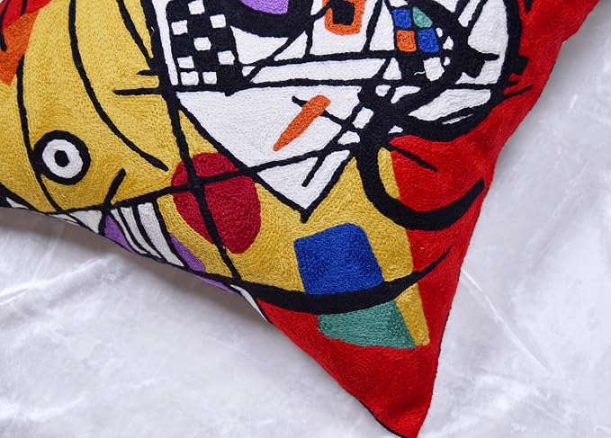 Kandinsky Balancement Decorative Pillow Cover Abstract Toss Pillows Farmhouse Chair Cushion Contemporary Pillow Mid-Century Chair Cushions Hand Embroidered Pillow Wool Size 18x18