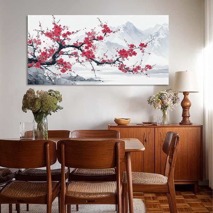 Red Plum Blossom Tree Wall Art for Living Room Canvas Oil Painting Prints Beautiful Blooming Flower Floral Mountain Landscape Art Deco Nature Artwork Office Bedroom Family Dining Room Decor Large