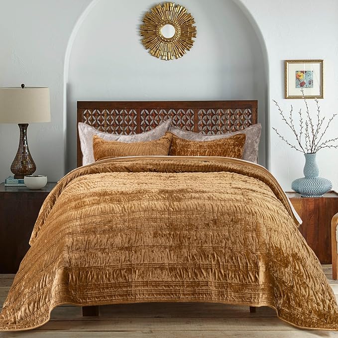 EVERGRACE Luxury Ruched Velvet Quilt Queen Size, Ultra Soft Bedspread Coverlet Set, Lightweight Velvet Comforter, Quilted Bedding Cover with 2 Matching Shams for All Season, Gold Yellow | Luxe Velvet