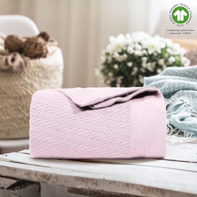 THREAD SPREAD Organic GOTS Certified Cotton Blanket, Twin/Twin XL - 350 GSM, Antistatic, Fuzzy Soft, Lightweight, Sofa, Camping & Travel, All-Season Herringbone Throw, Blush + Stylish Bonus Tote Bag