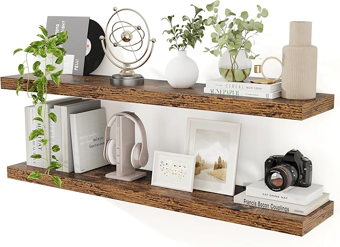 Floating Shelves for Wall, 48 inch Extra Long Floating Shelves, 9.3in Deep Wall Mounted Floating Shelf, Rustic Wall Shelves for Living Room, Bathroom, Kitchen, Office, Floating TV Stand, 2 Packs