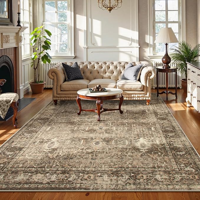 Lahome Margot Vintage 5x7 Washable Brown Rugs for Living Room Bedroom, Soft Dining Room Rugs for Under Table, Non Slip Indoor Throw Carpet for Entryway Kitchen Office (5x7ft,Brown)