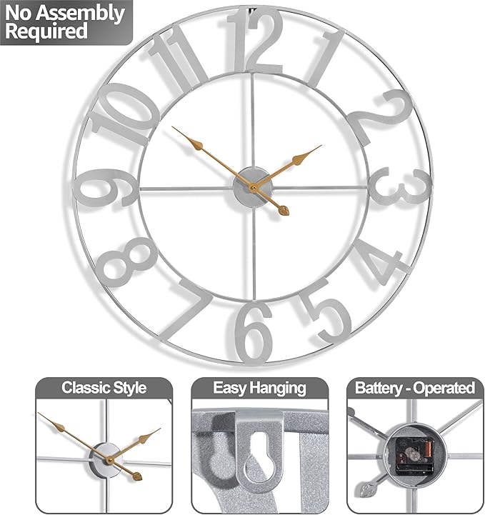Sorbus Large Wall Clock for Living Room Decor - Wall Clock for Kitchen - 32 inch Big Wall Clock Decorative - Metal Wall Art - Analog Large Clock for Bedroom, Home, Kitchen, Office, Wall Decor (Silver)