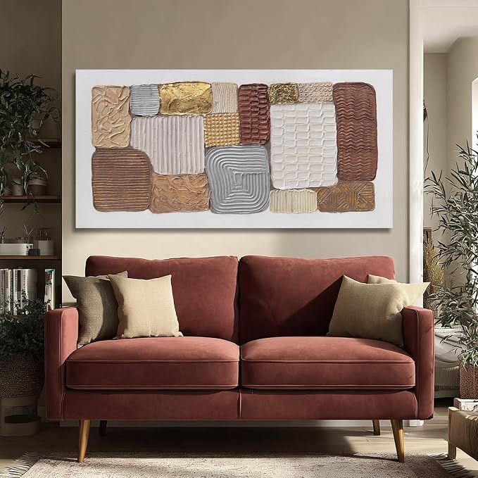 Dolidoteart Canvas Wall Art, Large Abstract Wall Art Print in Neutral Brown Beige Gold, Geometric Textured-Look Artwork for Living Room Bedroom Office, 24x48 Inch