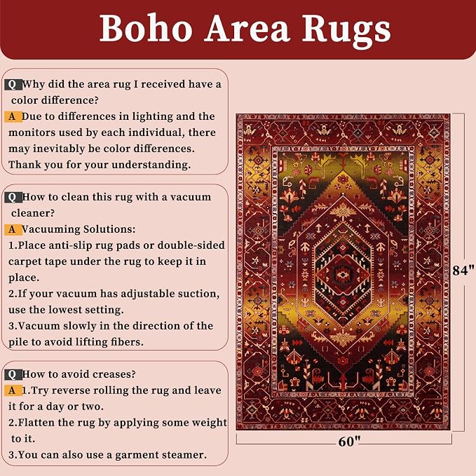 SERISSA 5x7 Boho Area Rug, Washable Non-Slip Rugs for Living Room, Large Rustic Red Gold Rug Ultra Soft Vintage Oriental Print Distressed Carpet for Bedroom Dining Room Dorm Office Home Decor