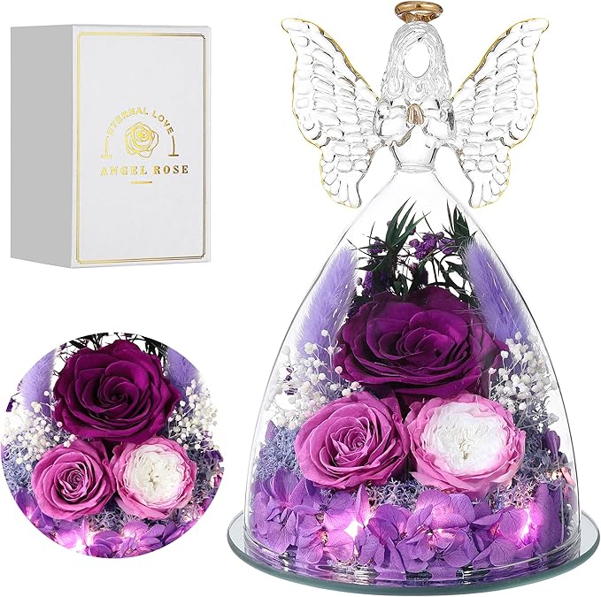 Mothers Day Rose Gifts for Women Preserved Real Flower in Glass Angel Figurines Roses for Delivery Prime Birthday Gifts for Mom Grandma Girlfriend Wife Her, Purple Austin Roses