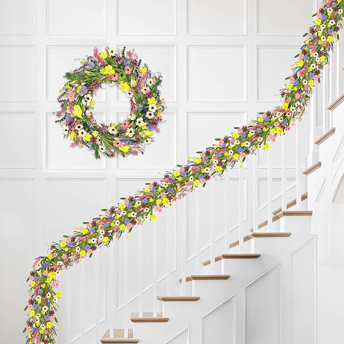 6 ft Artificial Wildflower Garland Wisteria Lavender Daisy Faux Floral Vine Summer Spring Floral Fake Garland All Year Round Home Decor for Indoor Outdoor Home Wedding Arch