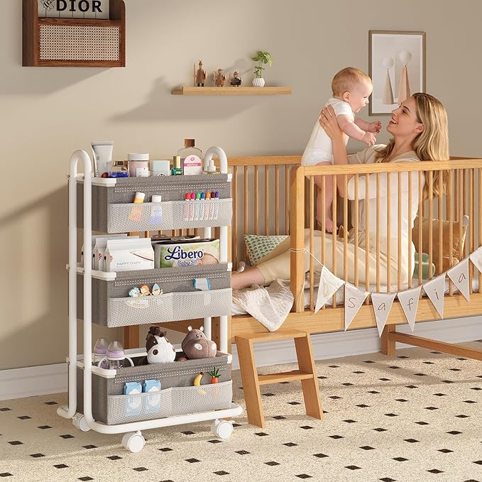 3-Tier Baby Diaper Caddy Organizer Cart, Mobile Nursery Storage Carts with Wheels, 3 Dividers & 6 Mesh Pockets Durable Metal Utility Cart for Nursery, Bedroom, Bathroom, Baby Essentials Organization