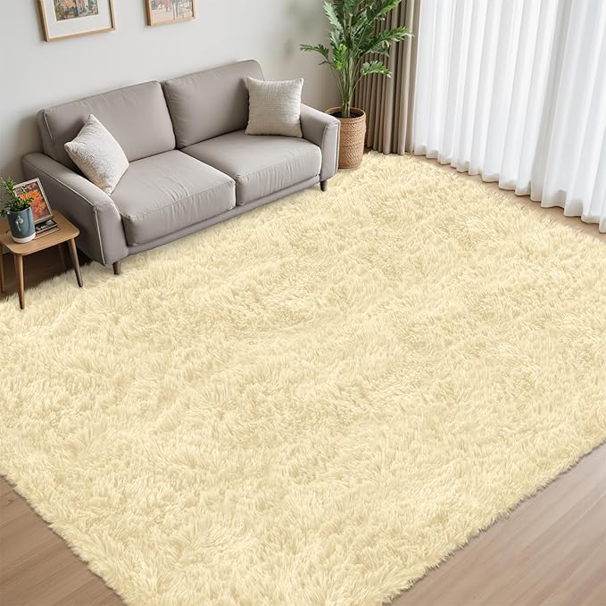 8x10 Area Rug for Living Room:Ultra Soft Fluffy Shag Cream White Rugs,Large Fuzzy Plush Indoor Non Slip Carpet Washable Rug for Bedroom Kids Nursery Office Dorm Modern Decor(Cream White 8'x10')