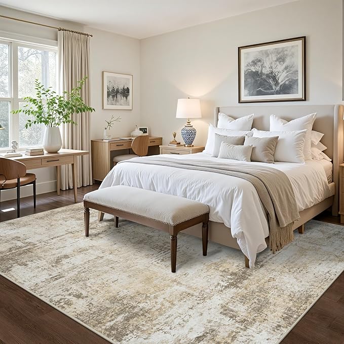9x12 Area Rugs Living Room Rugs: Large Washable Rug with Anti-Slip Backing Non-Shedding Stain-Resistant Soft Abstract Carpet for Bedroom Dining Room Nursery Hallway Indoor Home Office Beige Grey