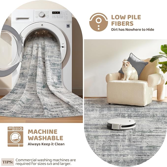 UERMEI 8ft Round Area Rug for Living Room: 8x8 Washable Neutral Abstract Modern Soft Circle Rugs Non Slip Indoor Floor Stain Resistant Carpet for Bedroom Dining Room Office Nursery Gray