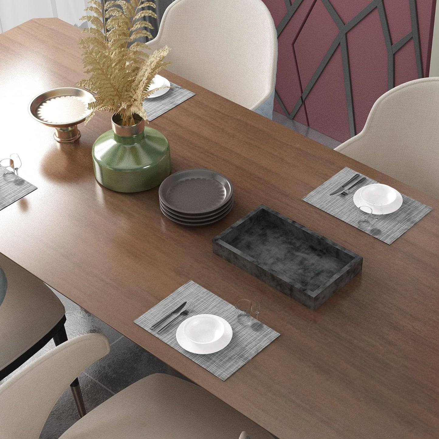 CADONO Placemats Set of 4 Washable Indoor/Outdoor Vinyl Place Mats for Dining Table Durable Non-Slip Heat Resistant PVC Weave Table Mats（Gray）