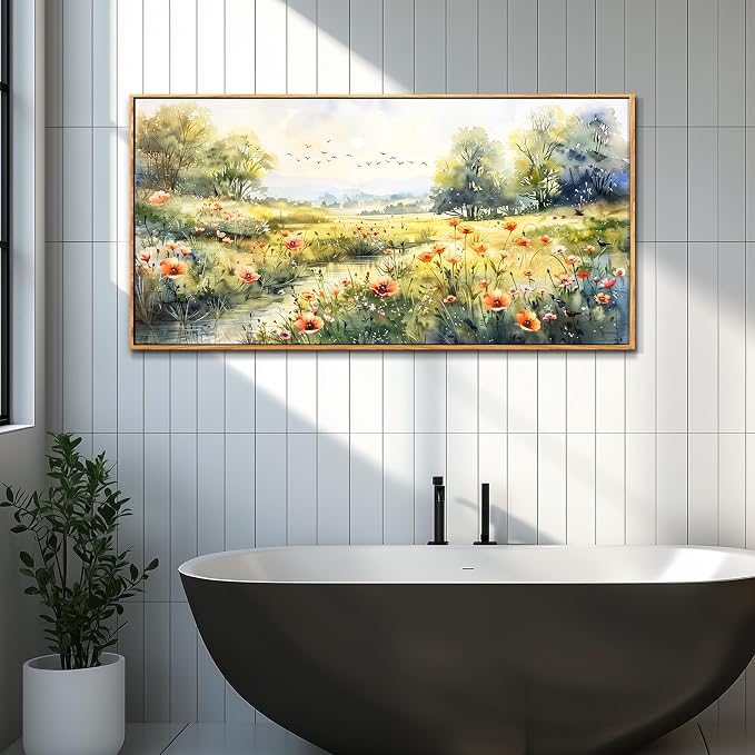 XIGUANGART Framed Canvas Prints Wall Art Pastoral Art Work for Wall Decor Riverside Grassland Watercolour Scenery Pictures Abstract Large Paintings for Living Room Bedroom Office Modern Decorations