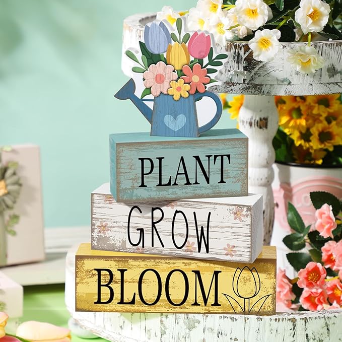 Moucuny 4 Pcs Spring Table Decorations Flower Wooden Signs Spring Tiered Tray Decor Wooden Flower Kettle Block Signs Pastel Table Centerpieces Decor for Home Kitchen Shelf