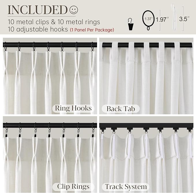 60 Inch Extra Wide Pinch Pleated Curtains 102 Inch Length for Living Room Large Window Drapes Light Filtering Privacy for Bedroom Back Tab with Hooks Clip Rings Natural 60W x 102L