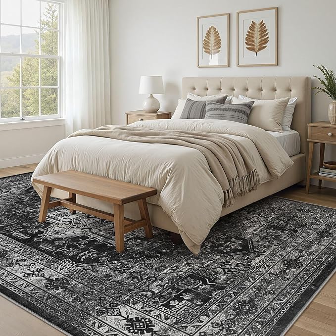 UERMEI 10x14 Area Rug Living Room Rugs - Washable Vintage Soft Large Rug Indoor Floor No Slip Rug Carpet for Bedroom Farmhouse Under Dining Table Home Office Decor - Black