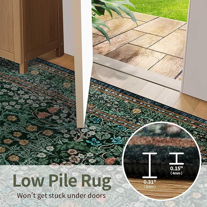 Rugxara 8x10 Area Rugs for Living Room, Large Washable Rug, Green Vintage Floral Boho Rug, Non Slip & Low Pile Faux Wool Thin Carpet for Indoor Dining Room and Bedroom(Dark Green 8x10ft)