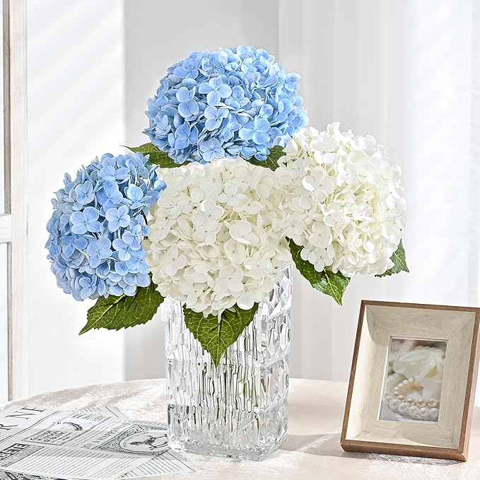 MARTINE MALL 4Pcs 21in Hydrangea Artificial Flowers, Latex Real Touch Hydrangeas Lifelike Large Hydrangea Flowers for Home Decor Party Arrangements Wedding Bouquets Centerpieces (2 White & 2 Blue)