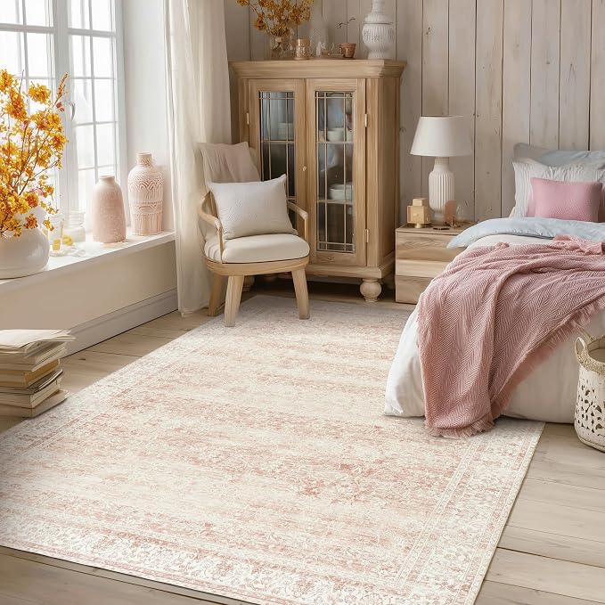 BILEEHOME Vintage Pink Rug 4x6 Washable Non Slip Floral Aesthetic Indoor Rugs for Entryway Kitchen Low Pile Carpet for Laundry Room Bathroom Front Door Mat for Entrance 4 x 6