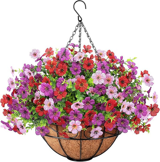 Artificial Fake Hanging Flowers Plants Basket Outdoors, Faux Silk UV Resistant Look Real Daisy Eucalyptus for Spring Summer Garden Porch Home Patio Balcony Yard Decorations, Red Purple Pink