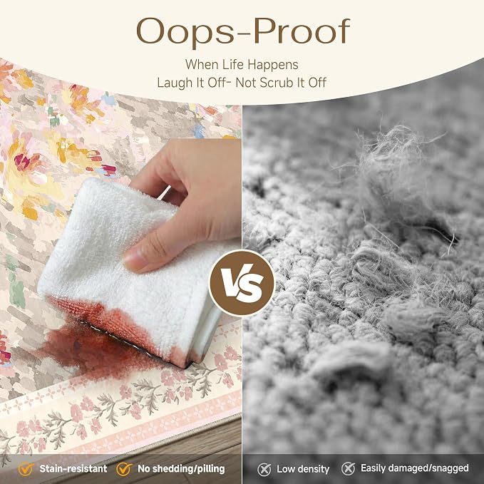 3x3 Washable Area Rug for Entryway Beige Pink Floral Abstract Soft Throw Rug Modern Non Slip Low Pile Small Carpet for Kitchen Bathroom Living Room Bedroom