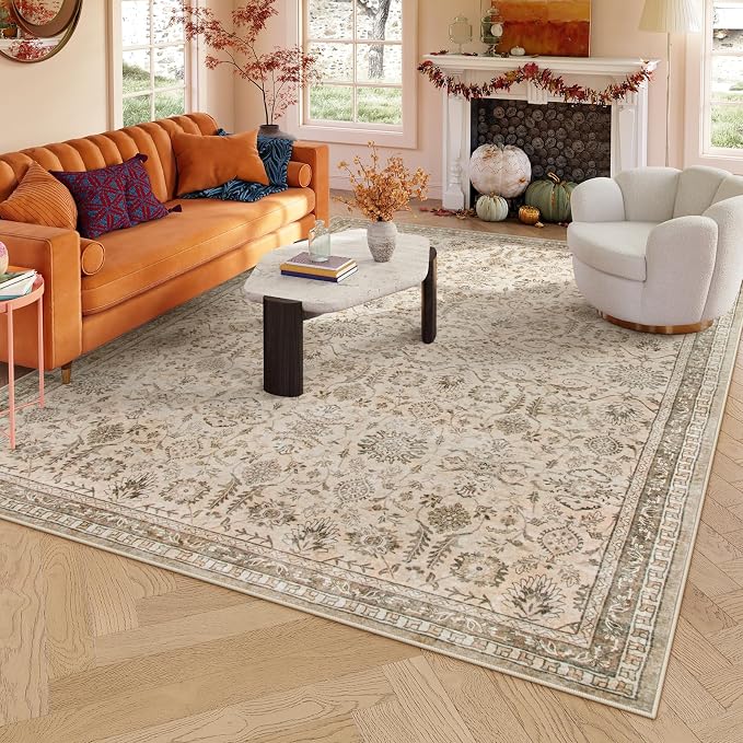 Lahome Boho Beige Rugs for Living Room, 5x7 Vintage Soft Bedroom Area Rug | Soft Vintage Stain Resistant Non Shedding Nursery Carpets for Nursery