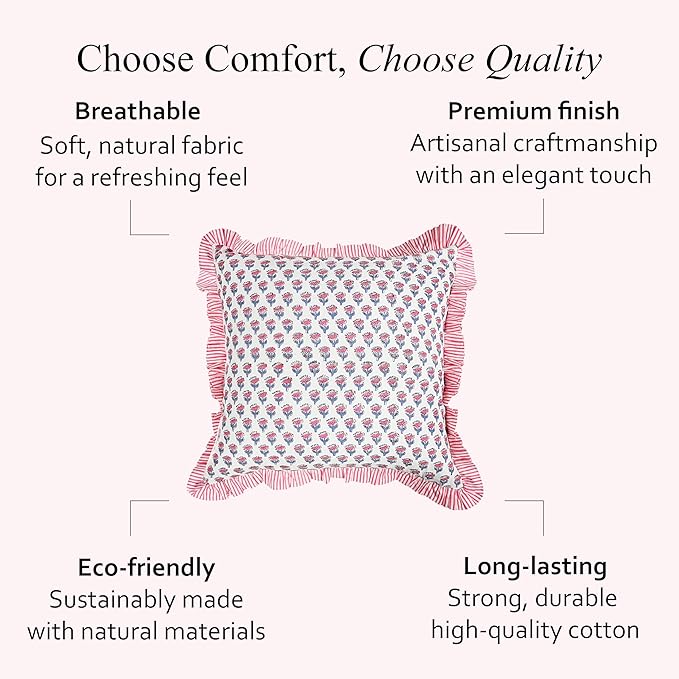 CPC Pink Sapphire Ruffle Throw Pillow Covers for Couch, 24x24 Inch Cotton Stripe Ruffle Couch Pillows for Living Room, Hidden 20 Inch Zipper Boho Pillow Case or Cute Outdoor Pillows