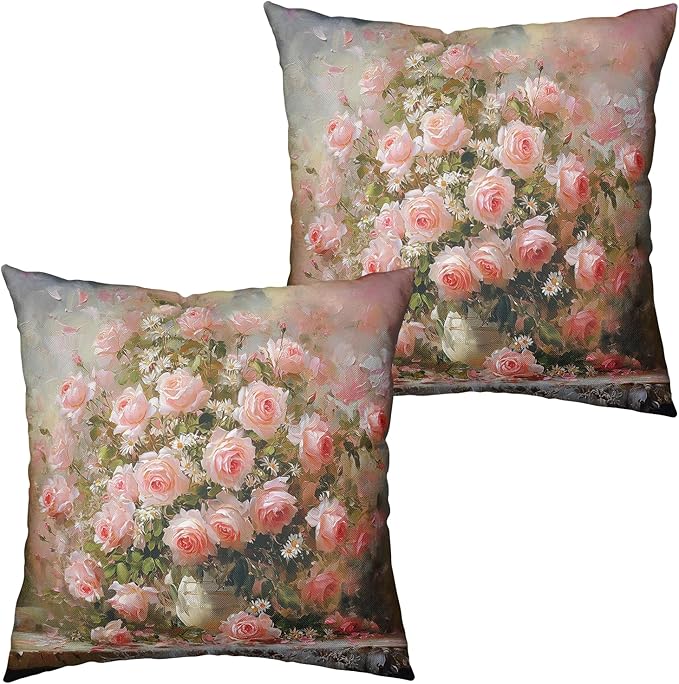 Vintage Rose Pillow Covers Spring Summer Daisy Rose with Flower Vase Pillow Cases Retro Pink Floral Throw Pillow Covers 24x24 Shabby Chic Outdoor Cushion Case for Home Couch 2 Pack